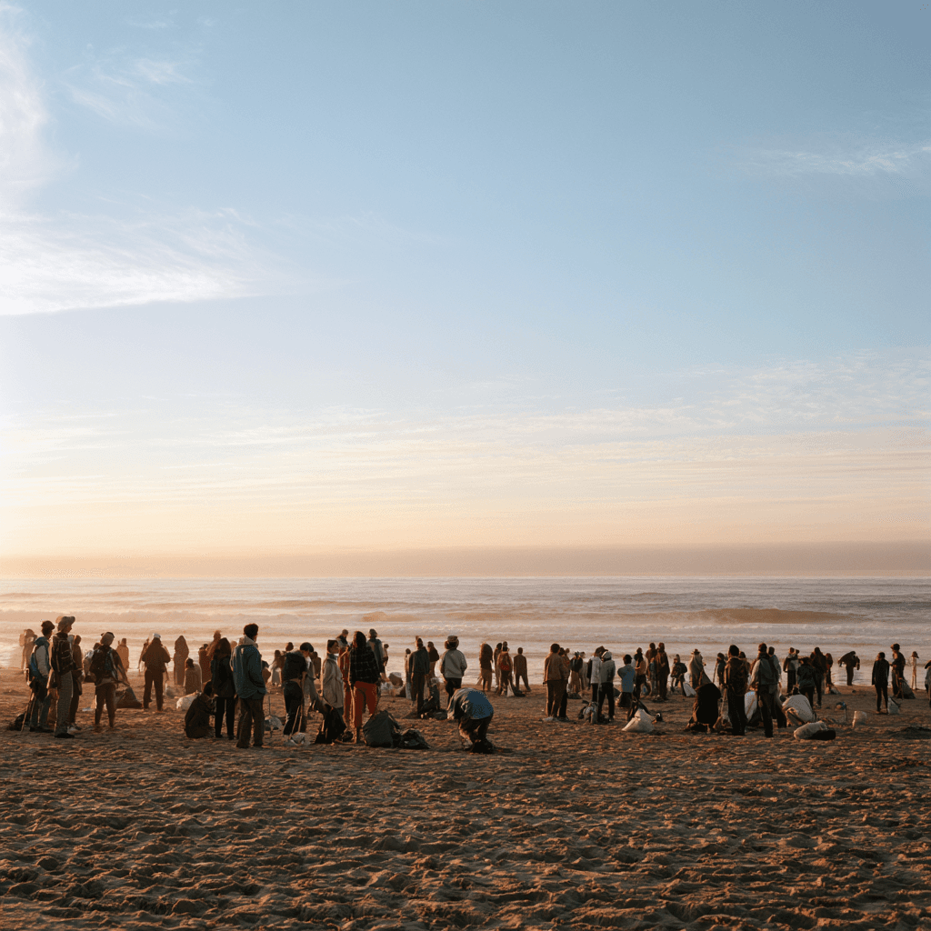Dozens of volunteers spread along a beach at sunset for a community cleanup