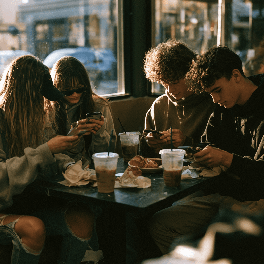 Four friends around a cafe table, each looking down at their own phone