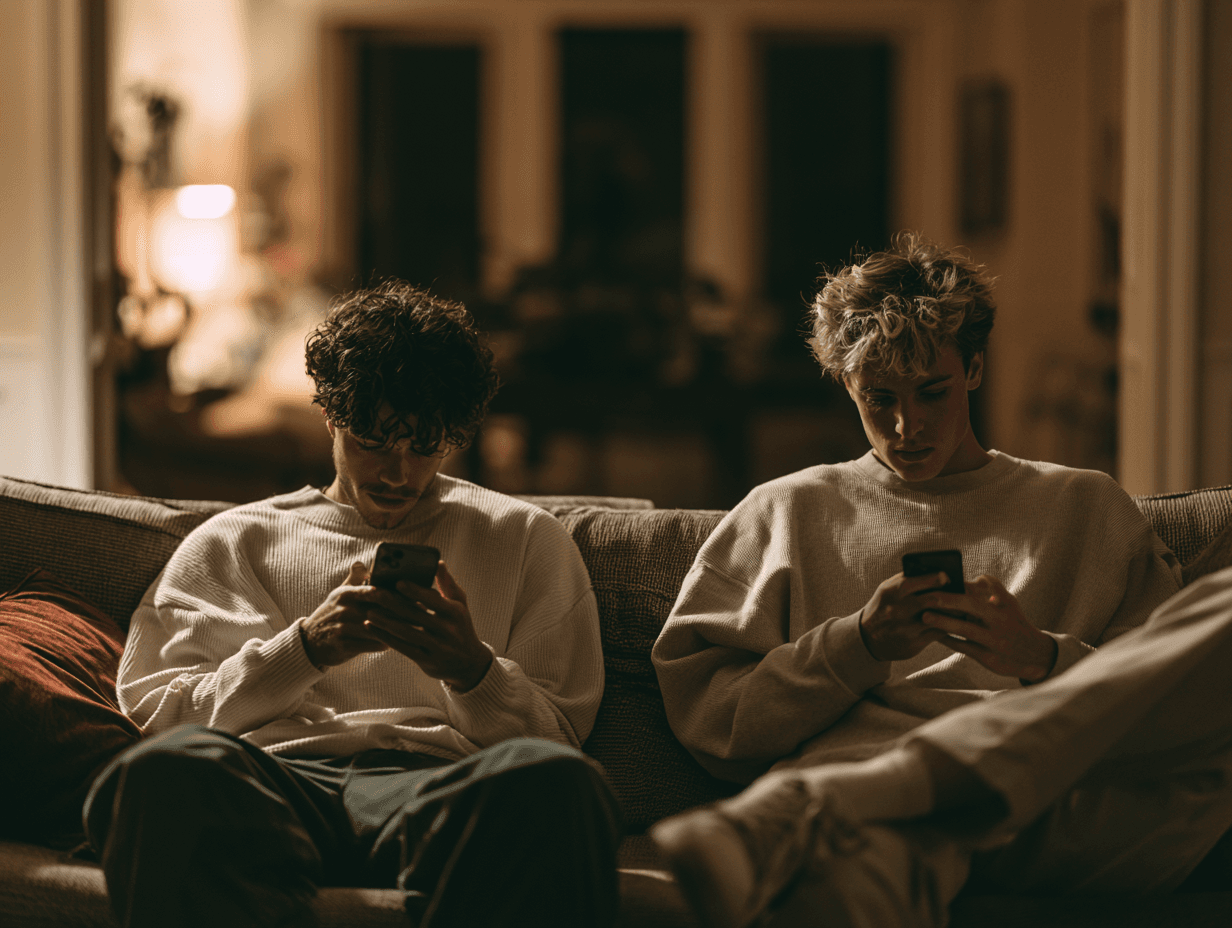 Two people on the same couch, each lost in their own phone