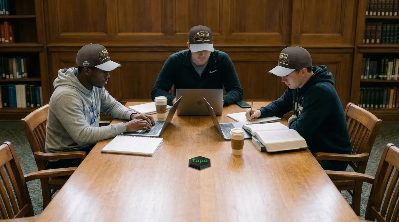 Three student athletes studying together at a library table with a Tapd tag between them