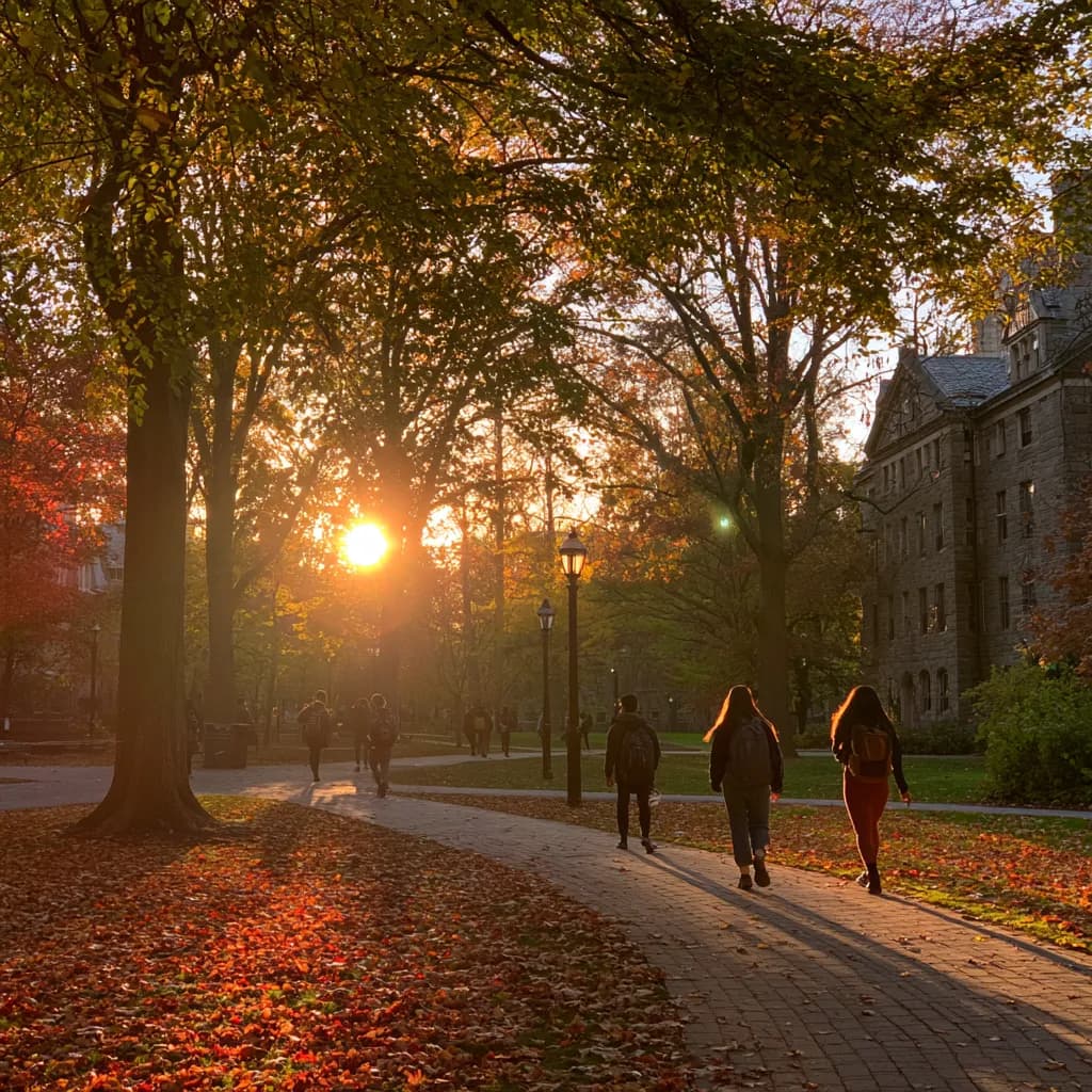 Students walking a tree-lined campus path in autumn at golden hour