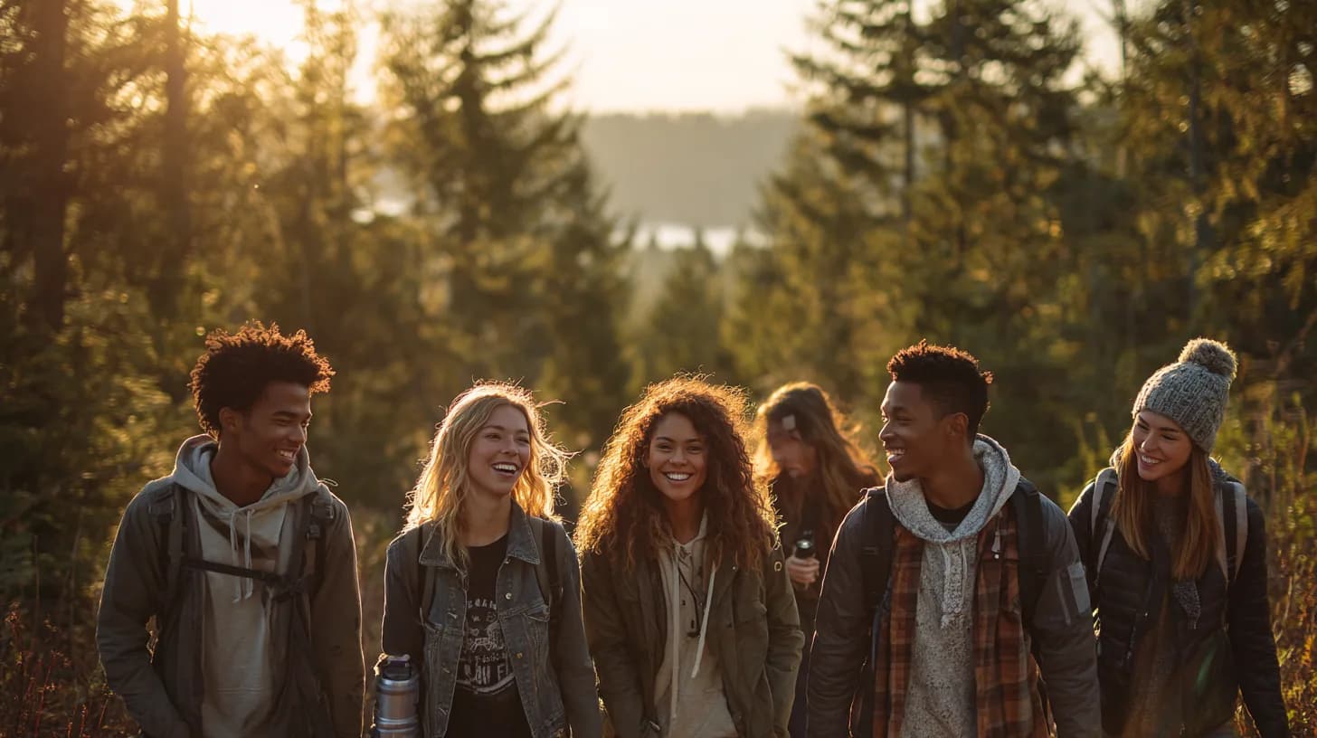 A group of friends walking through a forest at golden hour, no phones out.