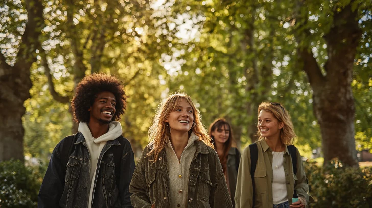 Two friends walking together under trees, their group just behind them