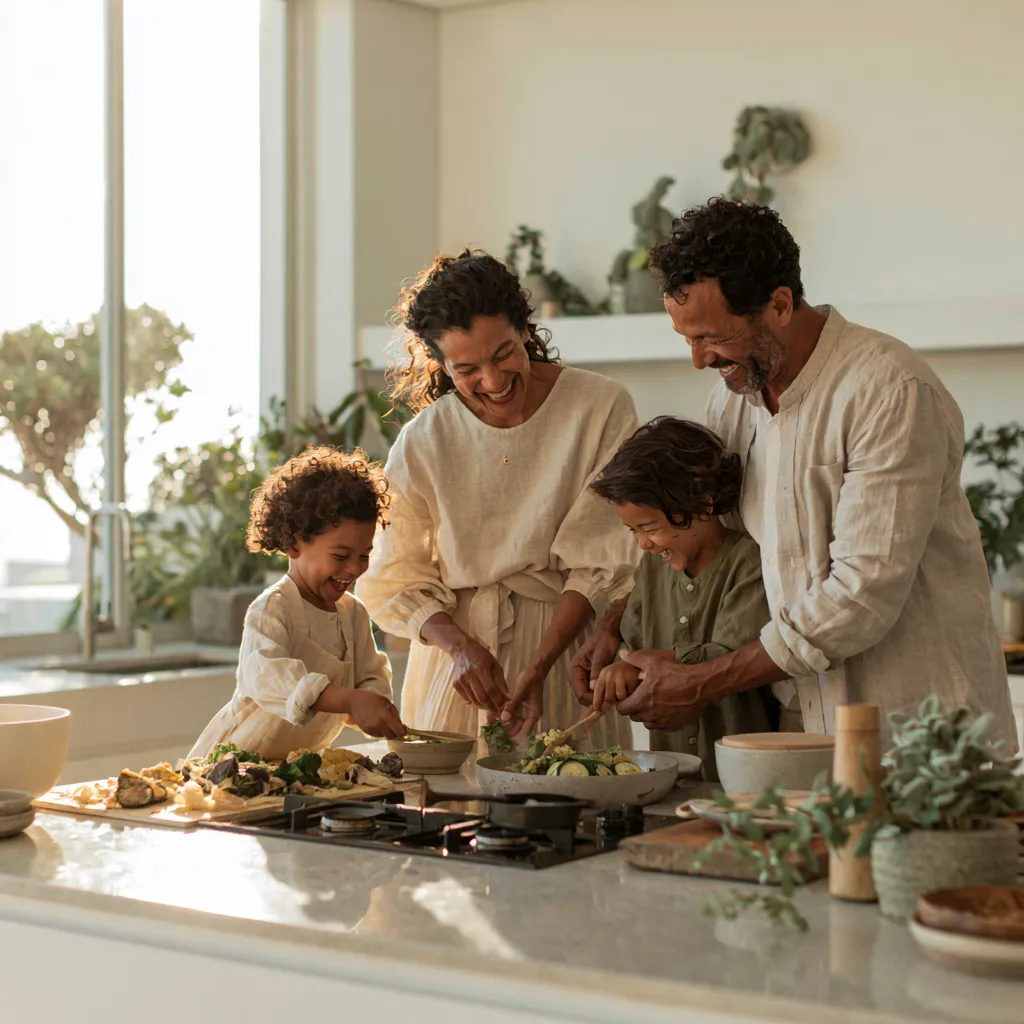 Parents and two kids cooking together at a sunlit kitchen island