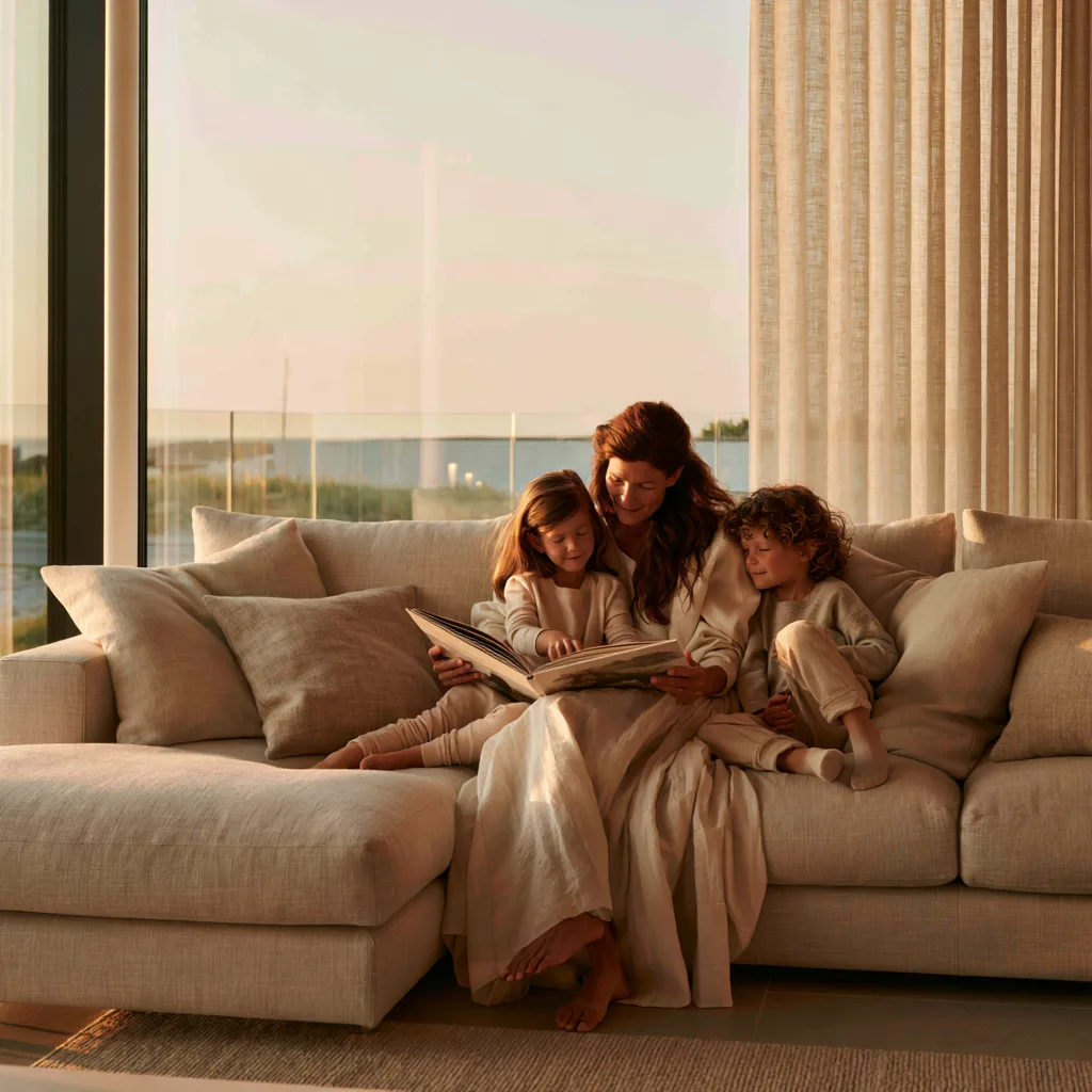 A mother reading a book with her two children on a couch at golden hour