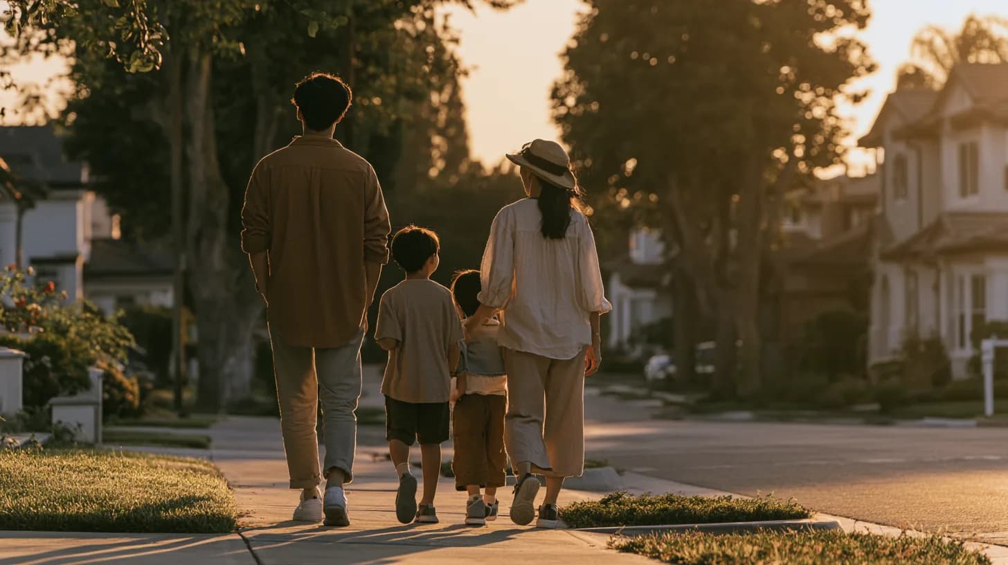 A family walking home down a tree-lined street at golden hour, no phones out