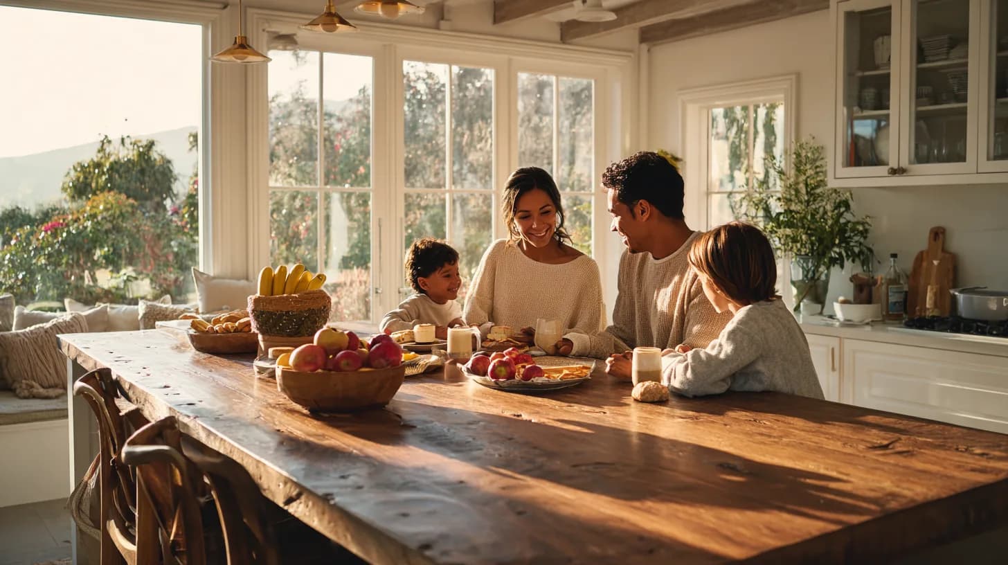 A family sitting together at a sunlit kitchen island over breakfast.