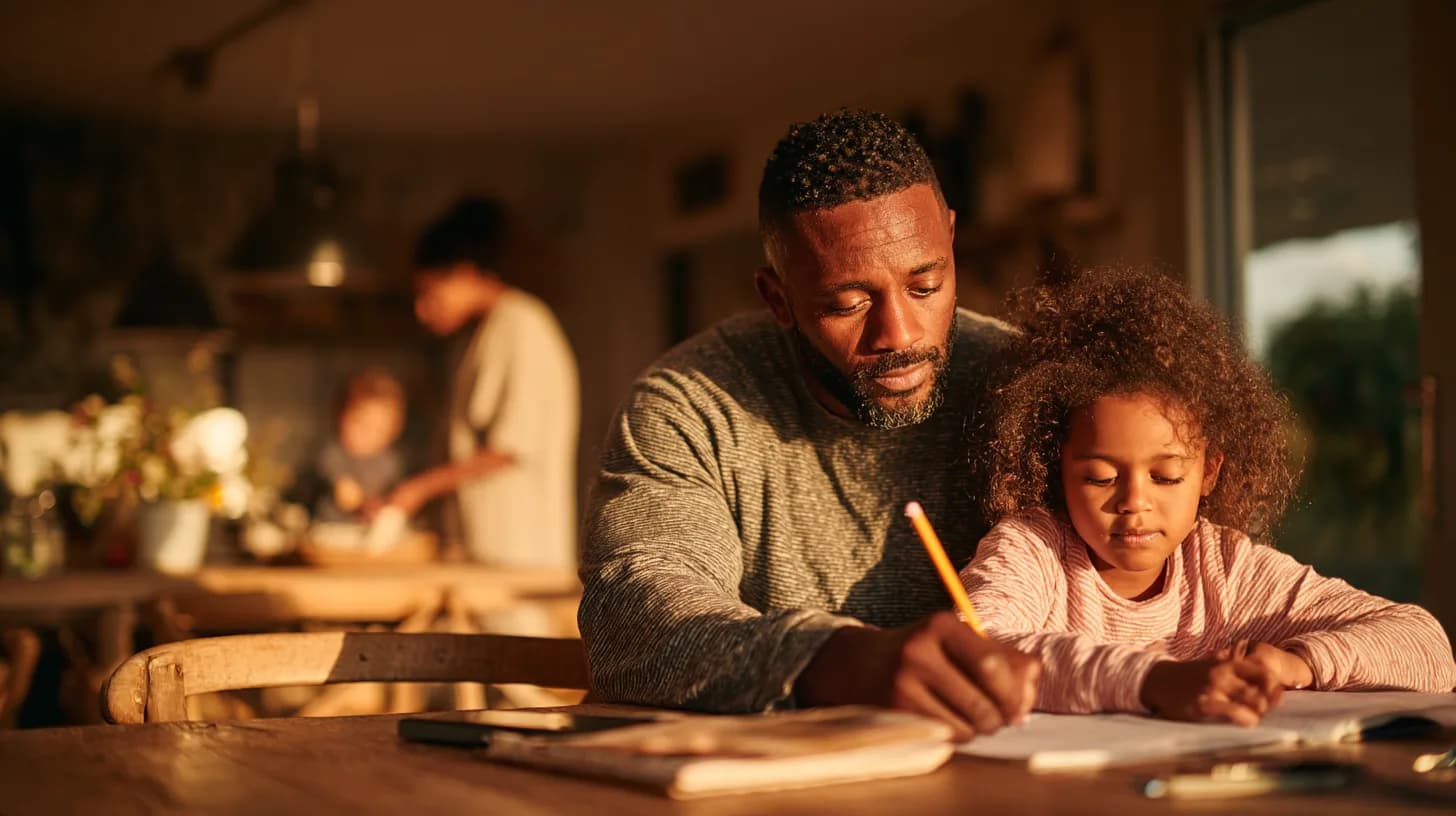 A father helping his daughter with homework at a kitchen table, phone face down