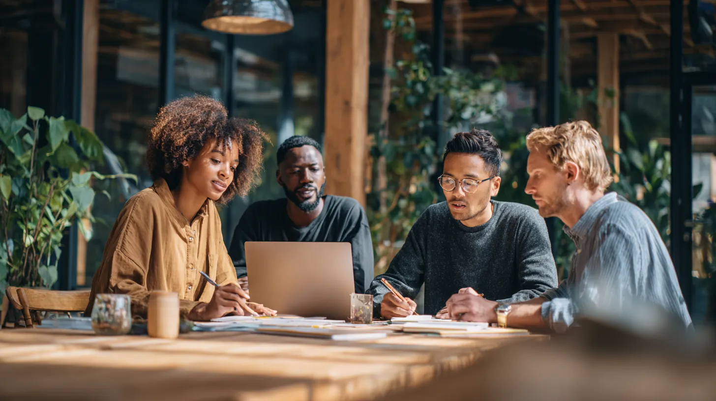A diverse team working together with laptops around a wooden table