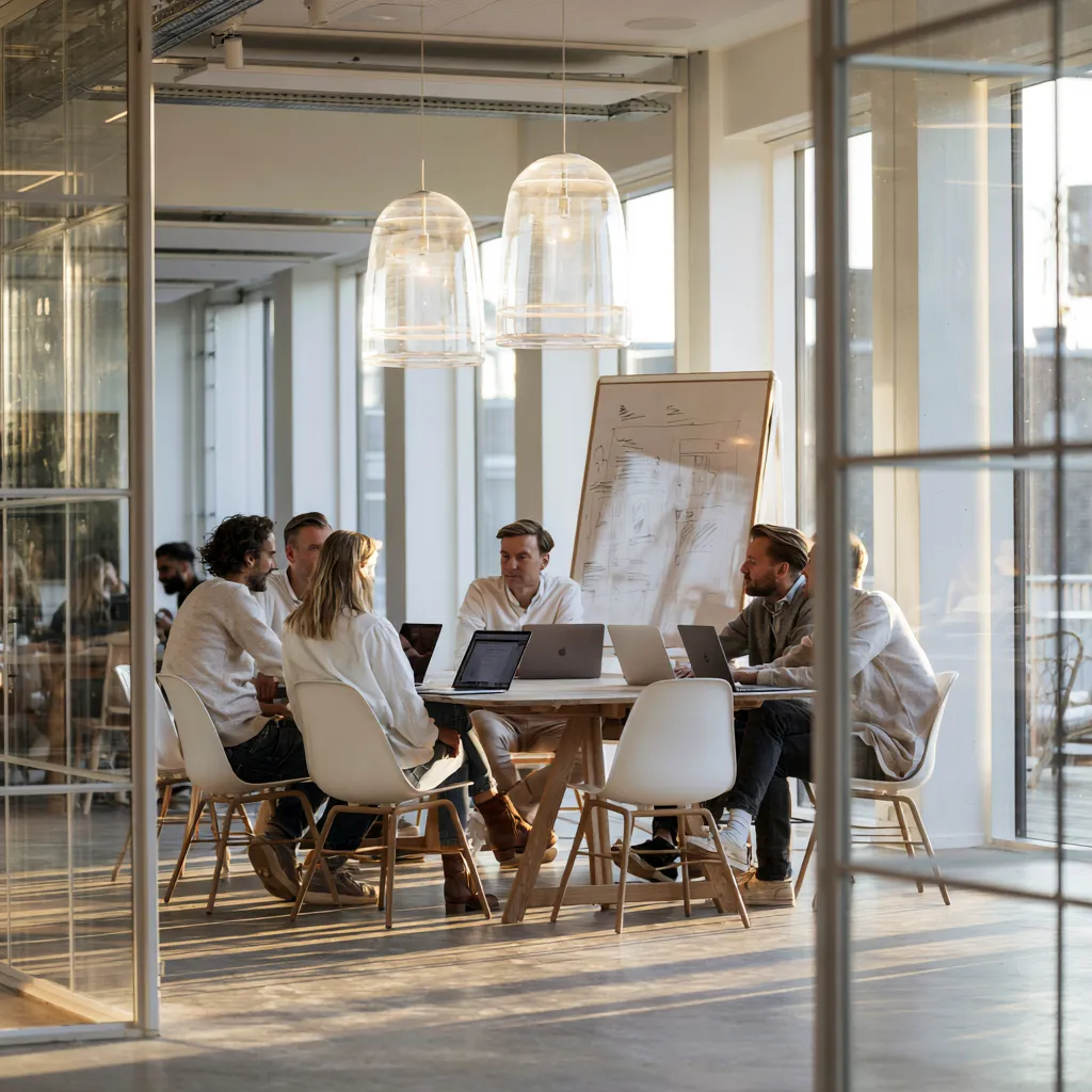 A team collaborating around a whiteboard in a bright glass-walled office