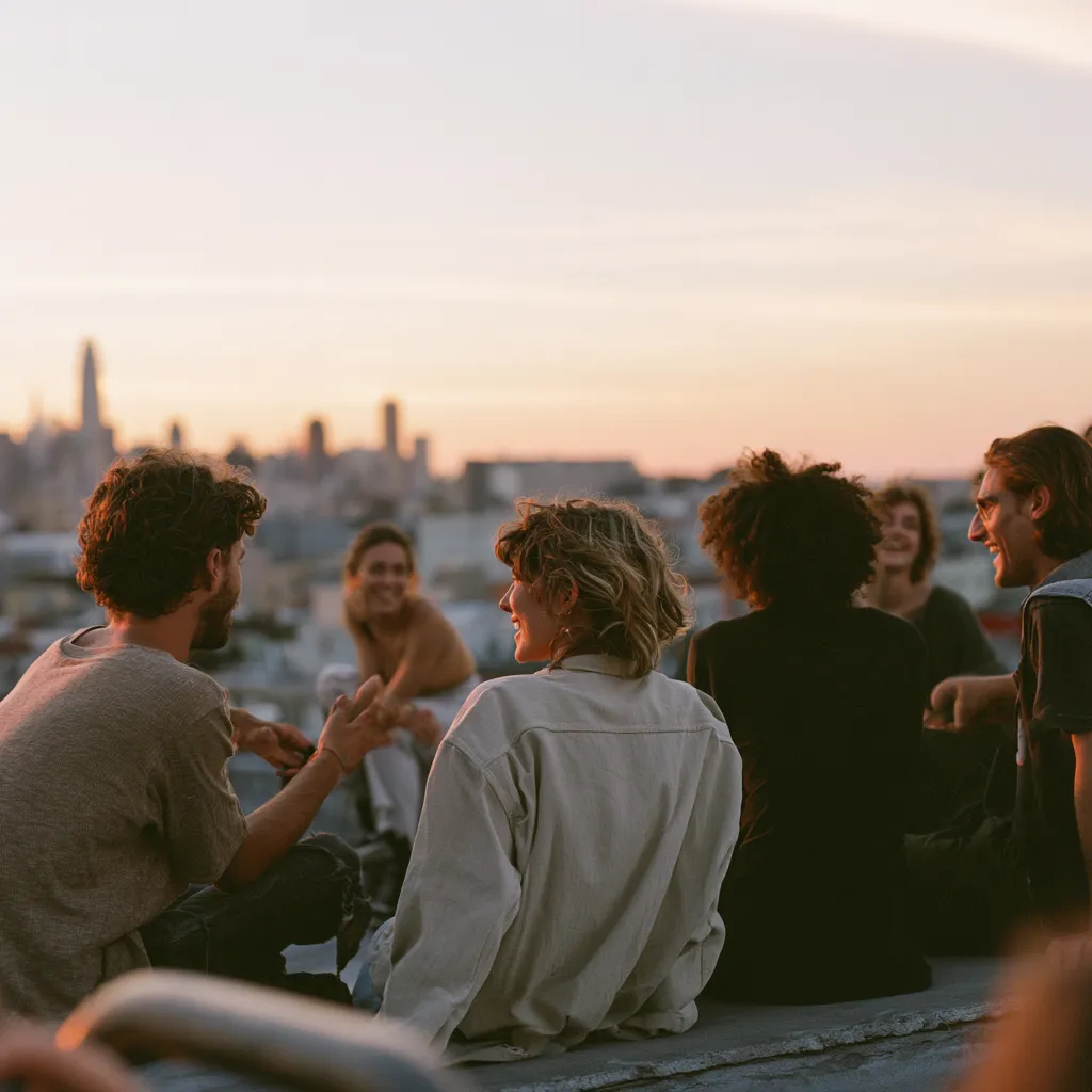 A group of friends together on a rooftop at dusk, city skyline behind them