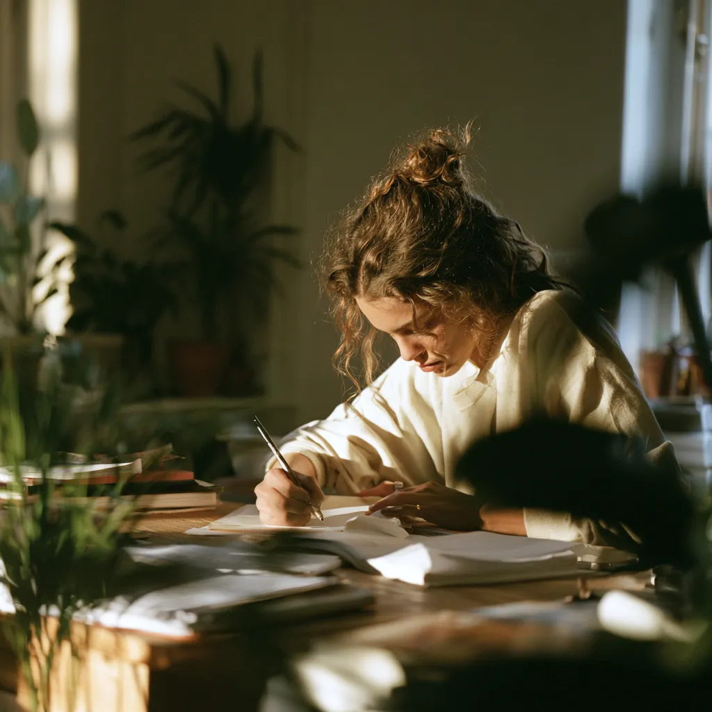 A student focused on writing at a sunlit desk