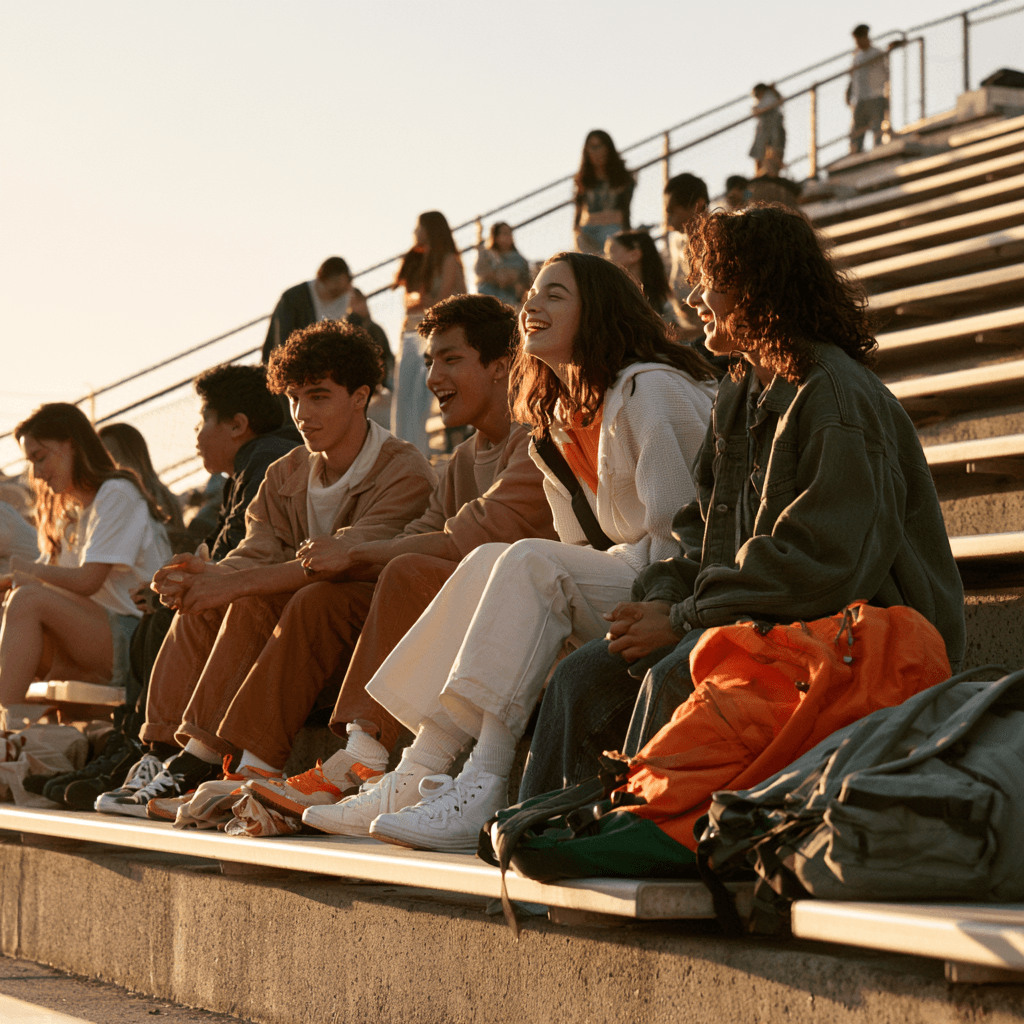 A group of friends sitting together on stadium bleachers at sunset, laughing