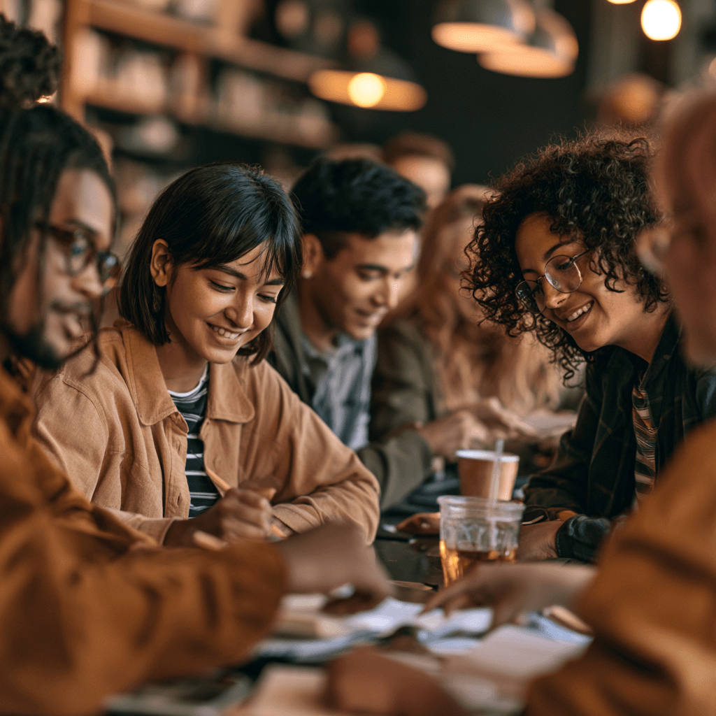 A diverse group studying together around a long table in a warm library