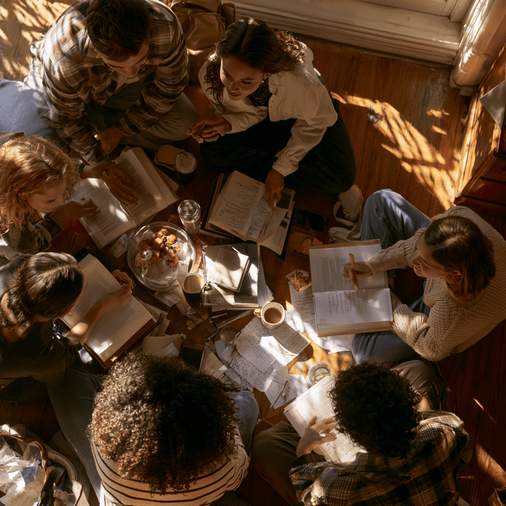 An overhead view of six friends sitting on the floor studying together, books and coffee spread between them